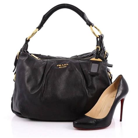 black prada calfskin pleated hobo bag